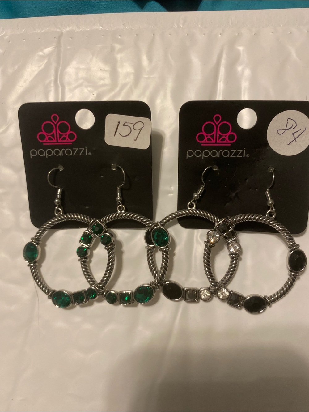 paparazzi Silver-Tone Hoop Earrings with Green and Clear Stones and black stones